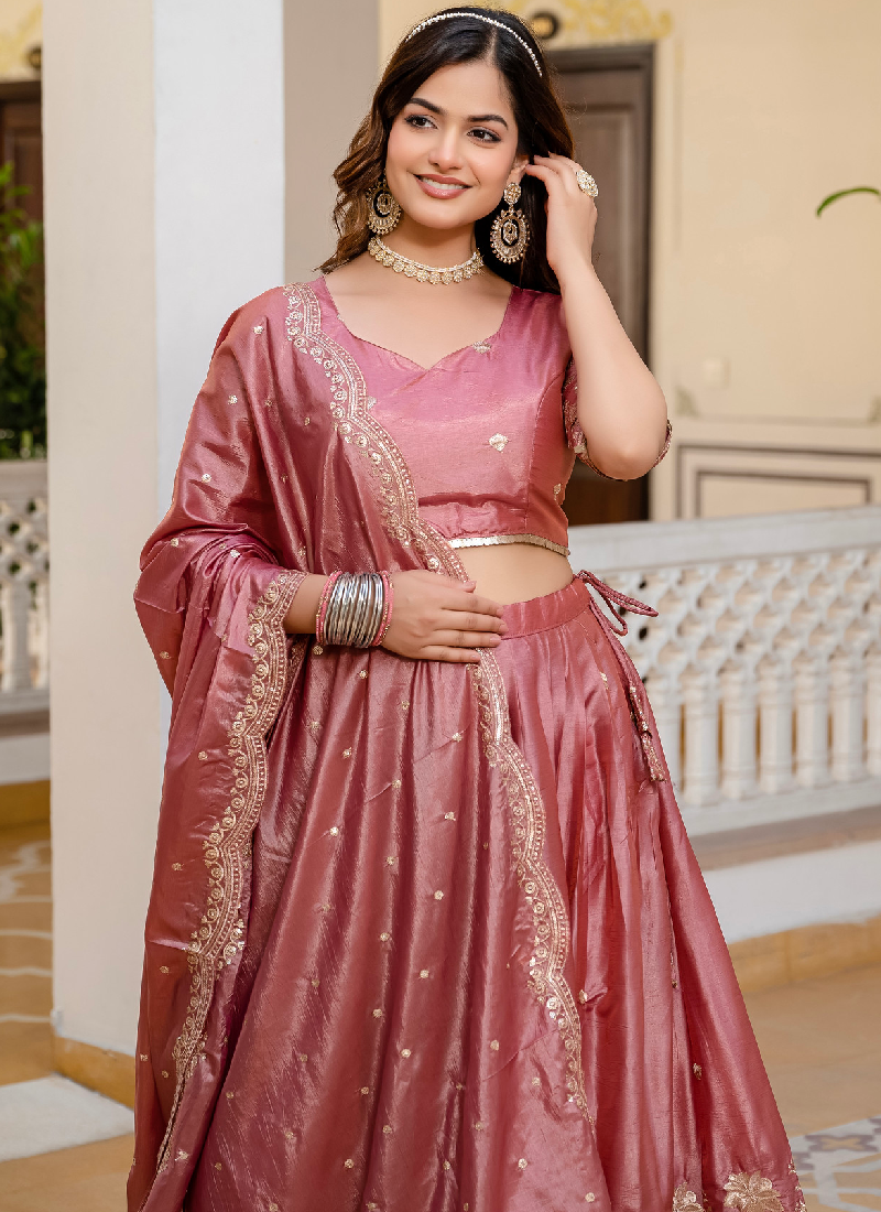 Designer Gold Crush Sequence Work Pink Lehenga Choli Set For Women