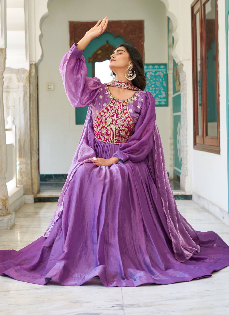 Designer Purple Fendy Silk Sequence Embroidery Work Long Anarkali Gown