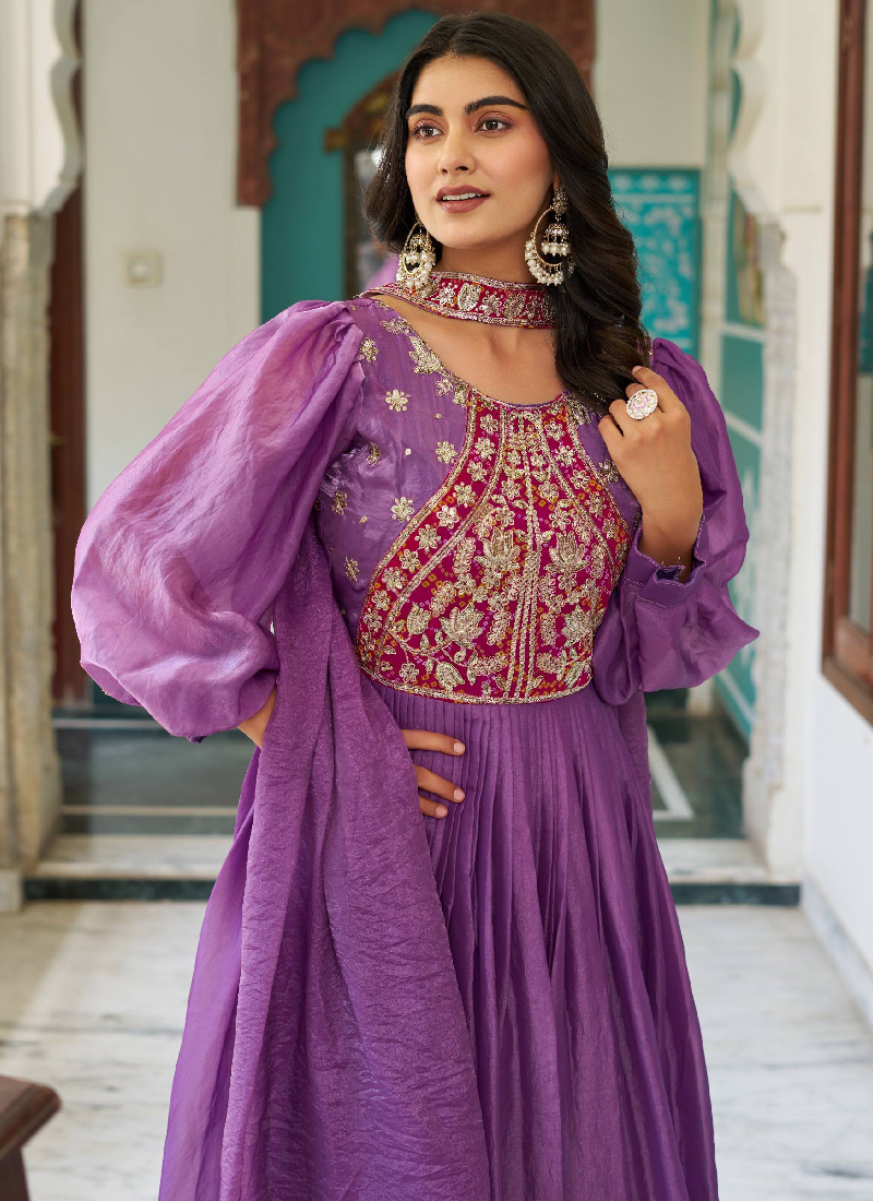 Designer Purple Fendy Silk Sequence Embroidery Work Long Anarkali Gown