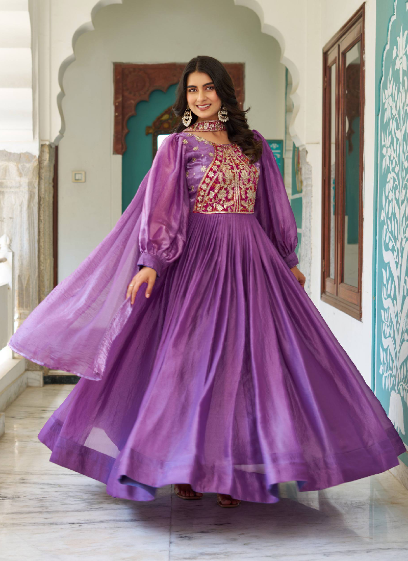 Designer Purple Fendy Silk Sequence Embroidery Work Long Anarkali Gown