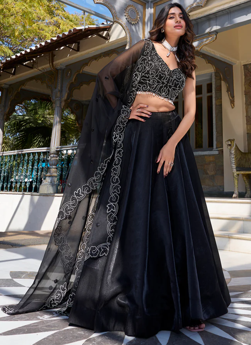 Designer Satin Silk Plain Party Wear Black Lehenga Choli For Women