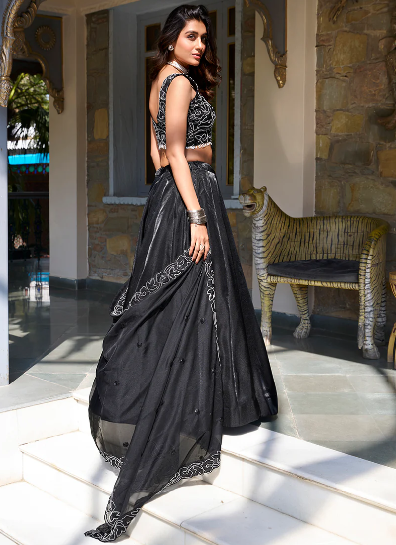 Designer Satin Silk Plain Party Wear Black Lehenga Choli For Women
