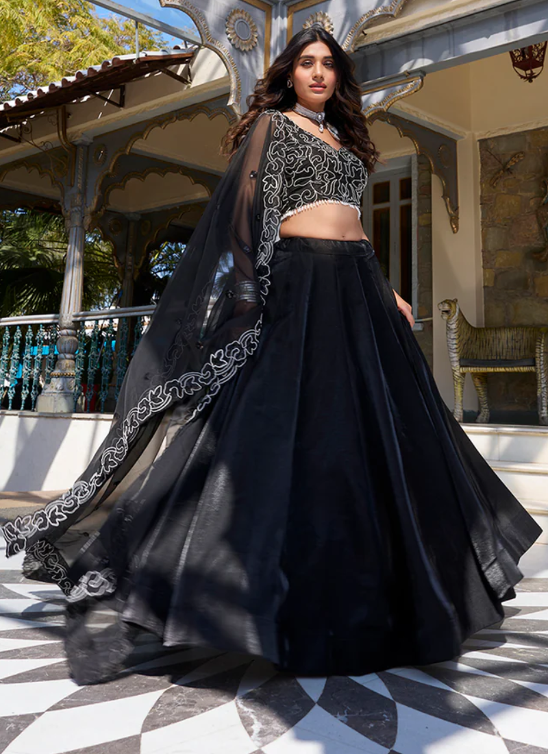 Designer Satin Silk Plain Party Wear Black Lehenga Choli For Women