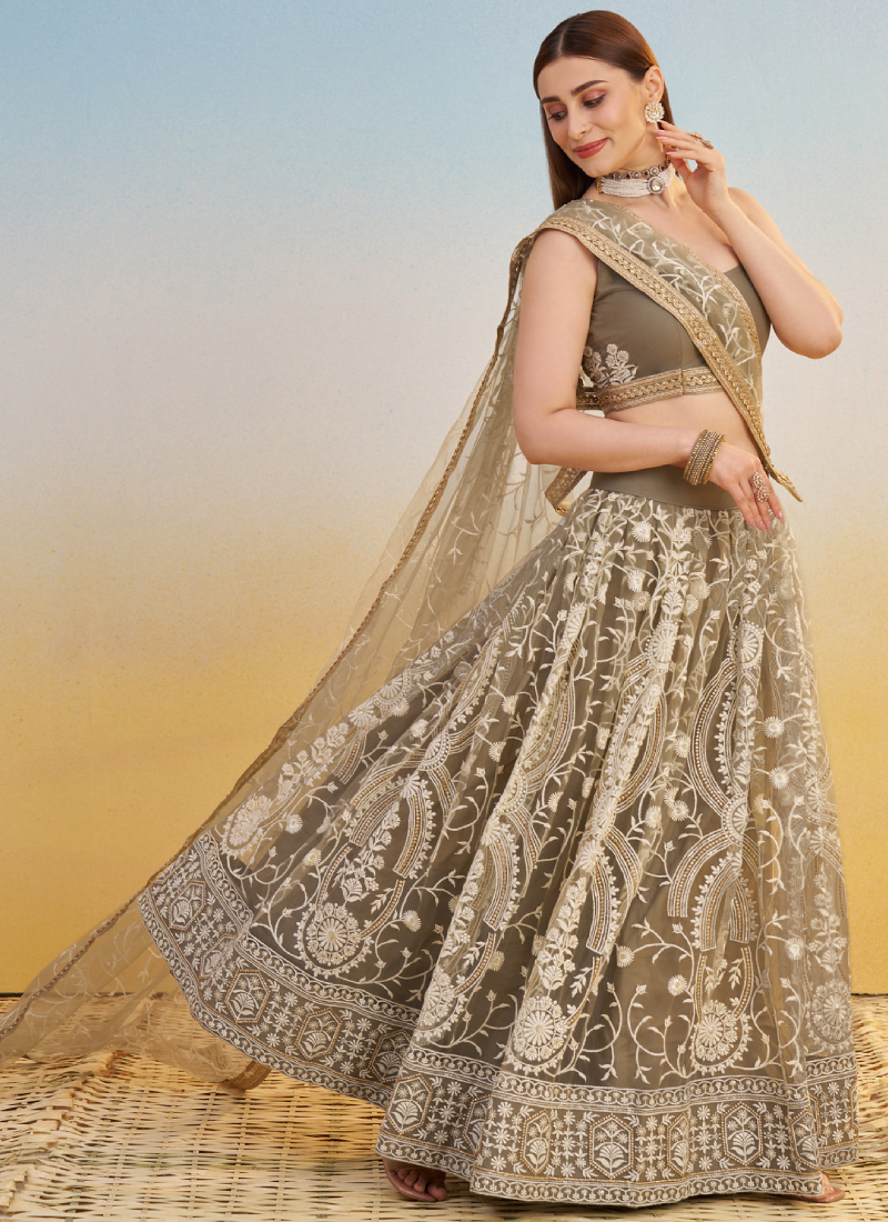 Designer Sequence Embroidered Brown Net Lehenga Choli For Party