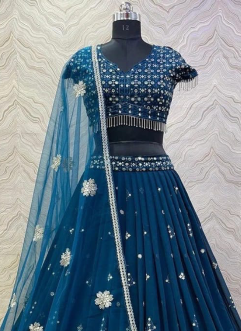 Designer Sequence Embroidery Work Teal Blue Georgette Lehenga Choli