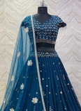 Designer Sequence Embroidery Work Teal Blue Georgette Lehenga Choli