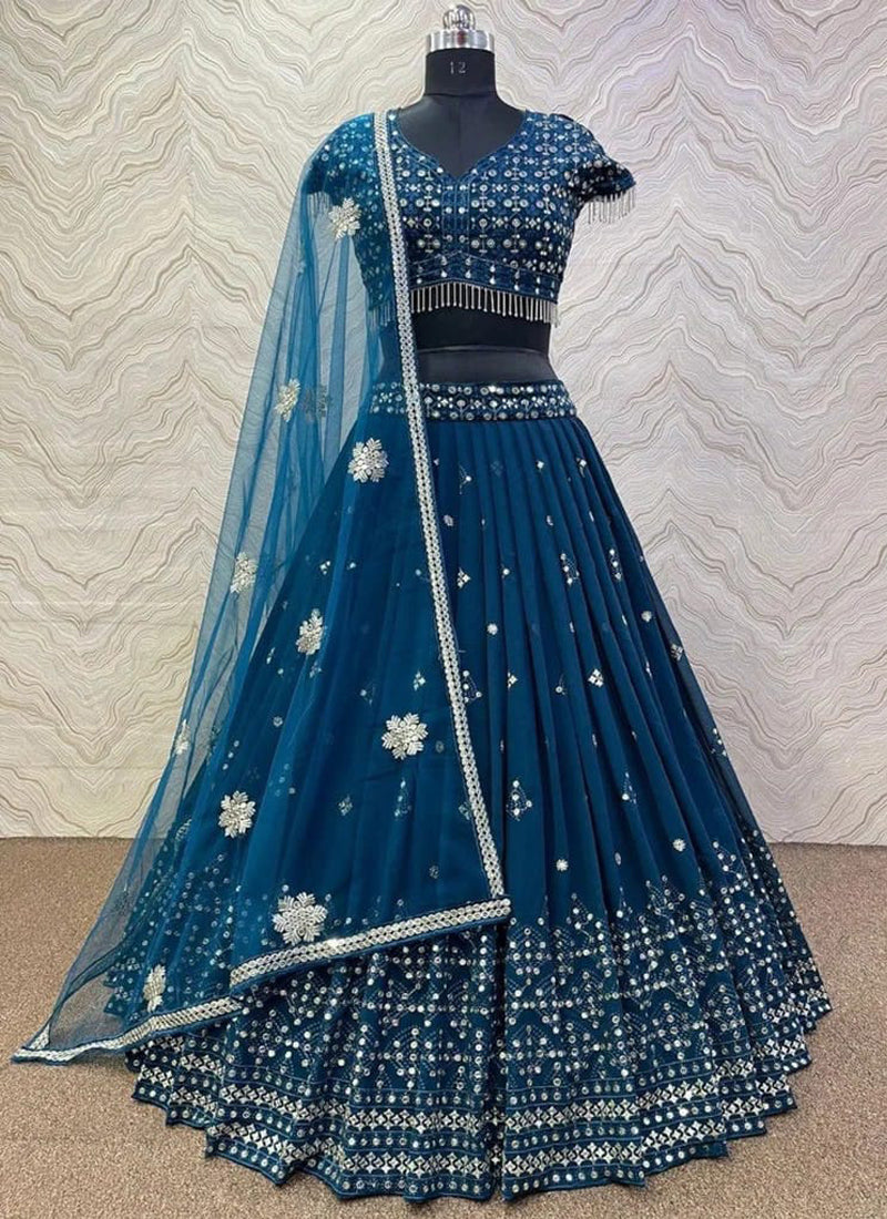 Designer Sequence Embroidery Work Teal Blue Georgette Lehenga Choli
