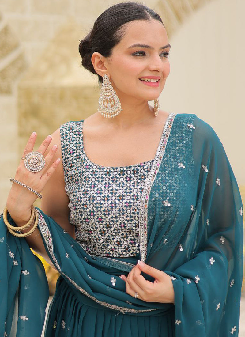 Designer Teal Blue Party Wear Georgette Embroidered Lehenga Choli