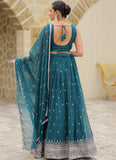 Designer Teal Blue Party Wear Georgette Embroidered Lehenga Choli