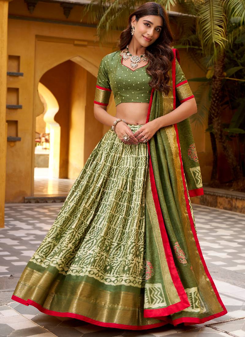 Designer Zari Weaving Dola Silk Batik Print Special Mehndi Lehenga Choli