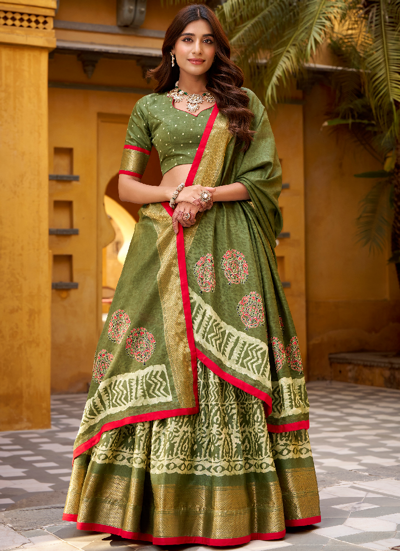 Designer Zari Weaving Dola Silk Batik Print Special Mehndi Lehenga Choli