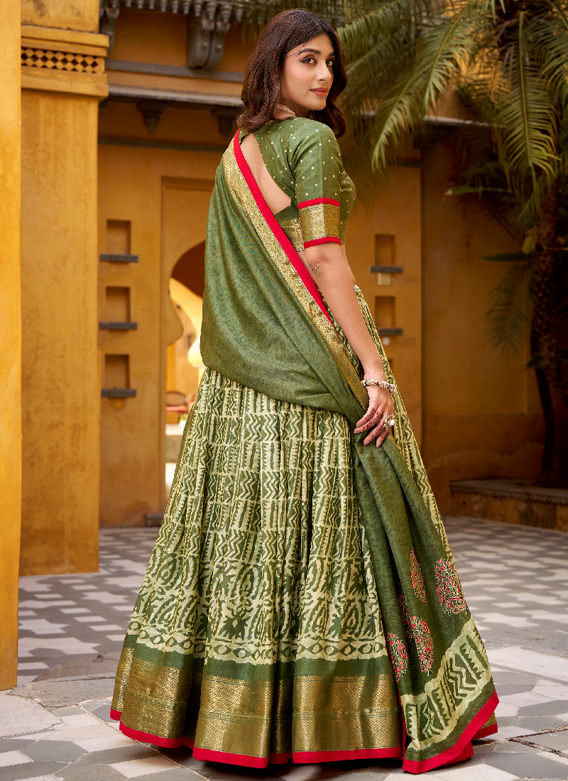 Designer Zari Weaving Dola Silk Batik Print Special Mehndi Lehenga Choli