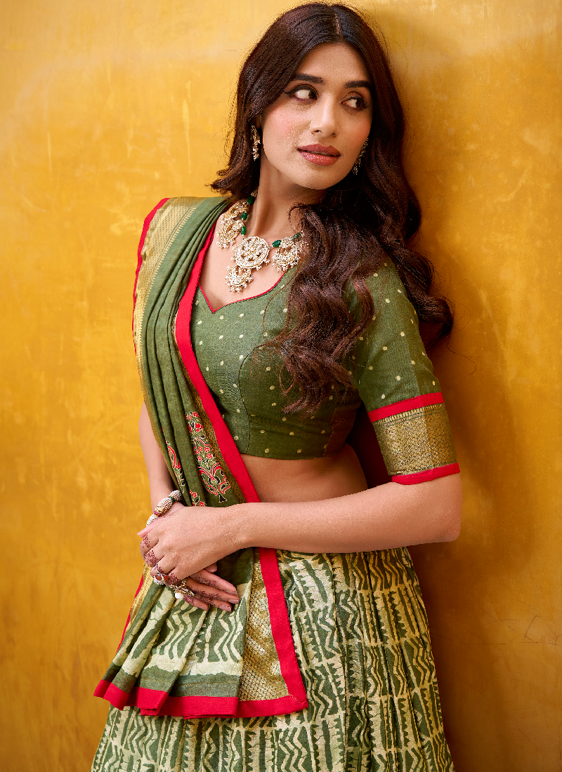 Designer Zari Weaving Dola Silk Batik Print Special Mehndi Lehenga Choli