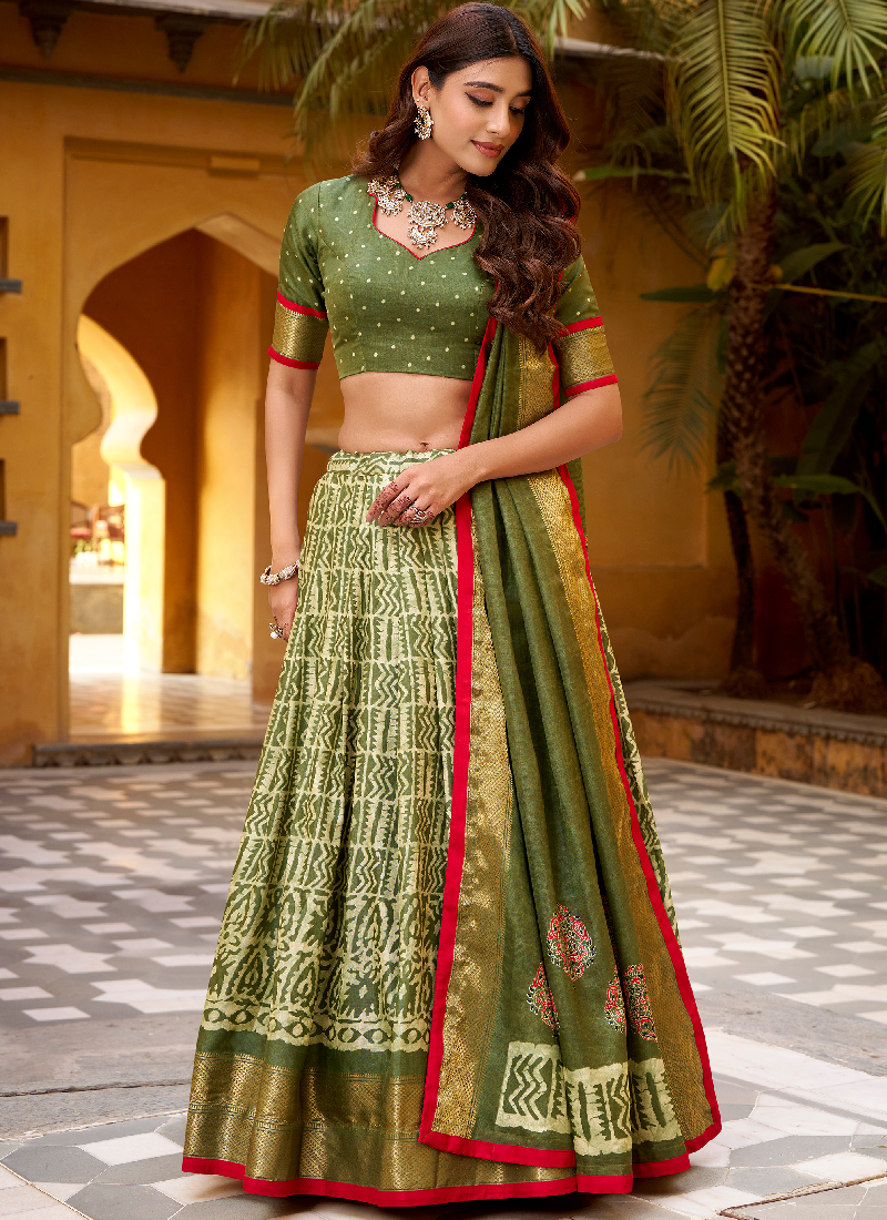Designer Zari Weaving Dola Silk Batik Print Special Mehndi Lehenga Choli