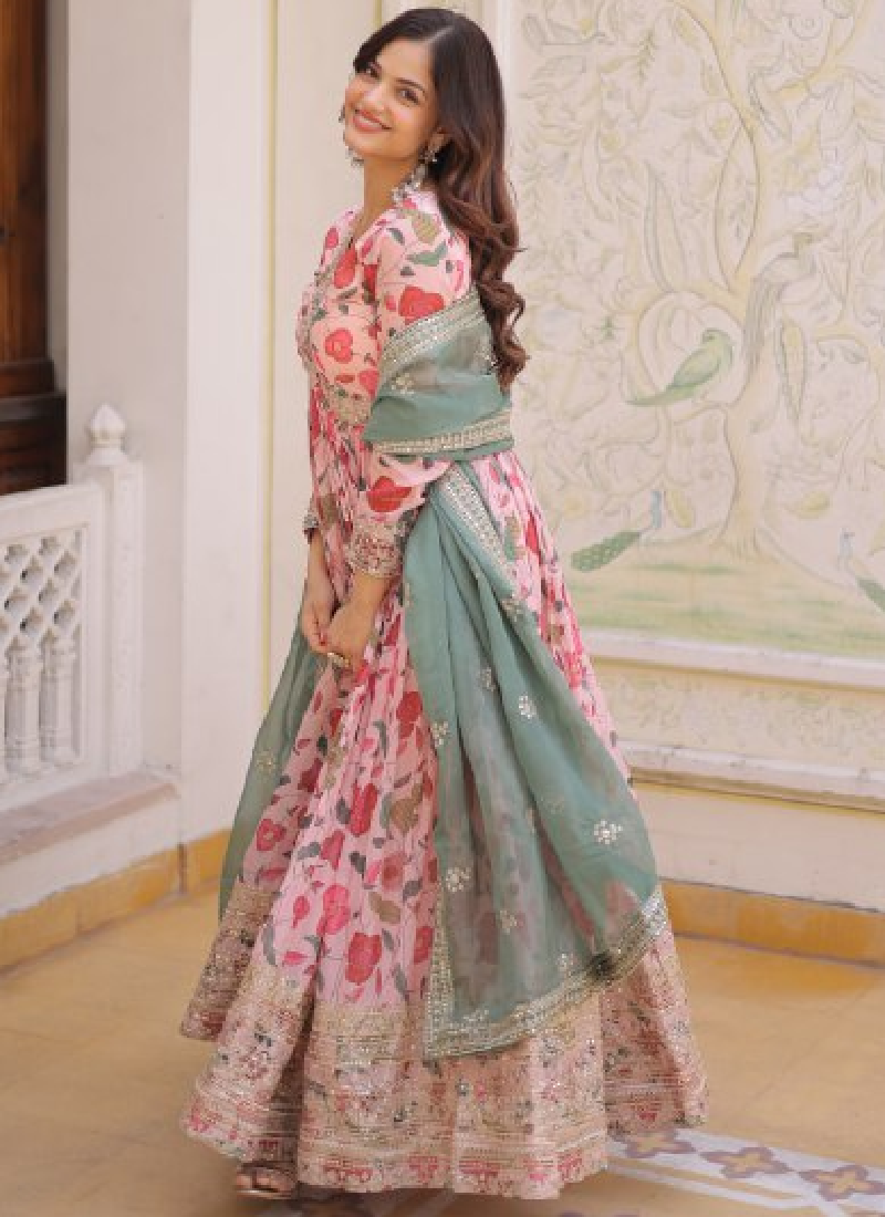 Digital Floral Printed Russian Silk Embroidered Pink Gown With Dupatta