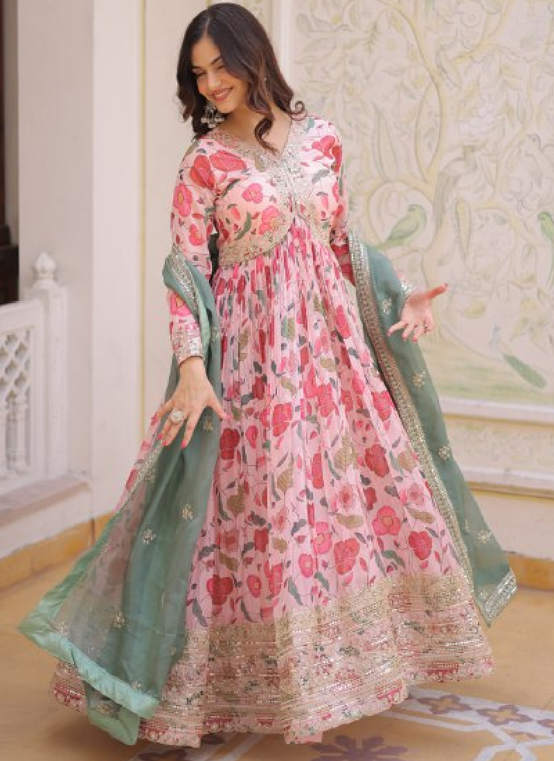Digital Floral Printed Russian Silk Embroidered Pink Gown With Dupatta