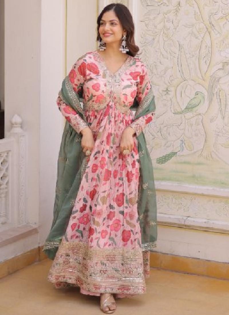 Digital Floral Printed Russian Silk Embroidered Pink Gown With Dupatta