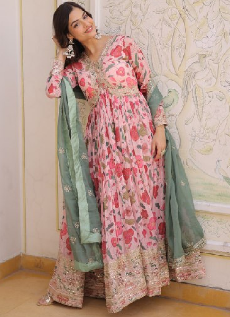 Digital Floral Printed Russian Silk Embroidered Pink Gown With Dupatta