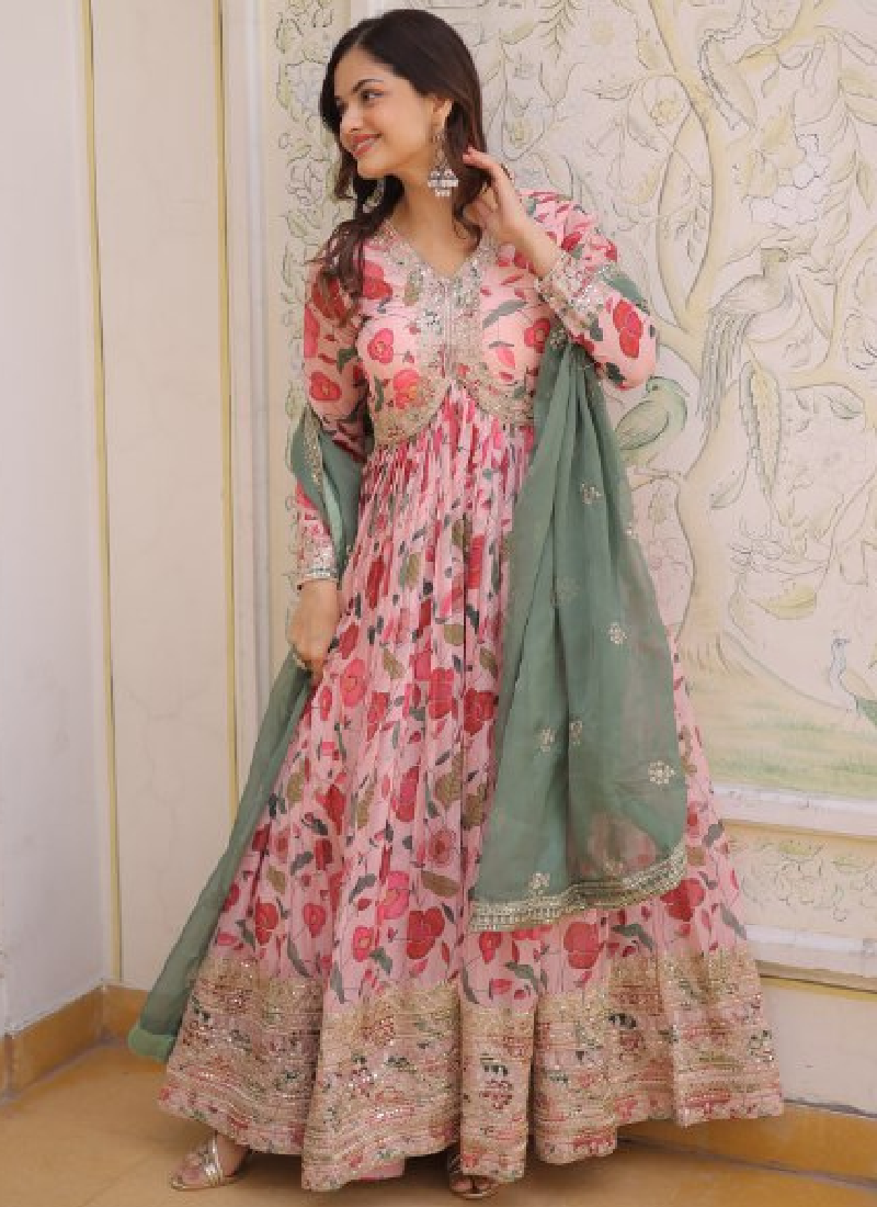 Digital Floral Printed Russian Silk Embroidered Pink Gown With Dupatta