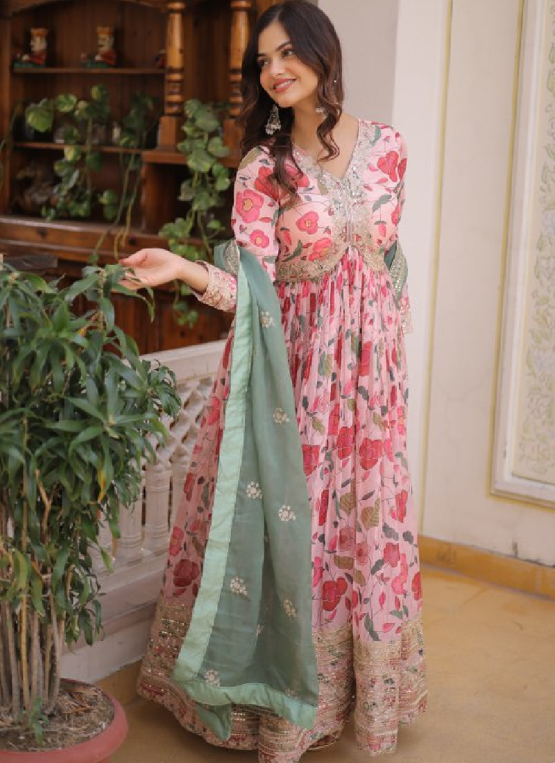 Digital Floral Printed Russian Silk Embroidered Pink Gown With Dupatta