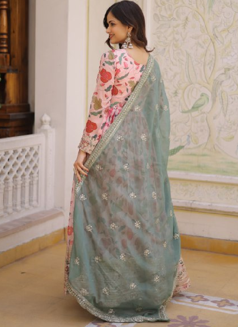 Digital Floral Printed Russian Silk Embroidered Pink Gown With Dupatta