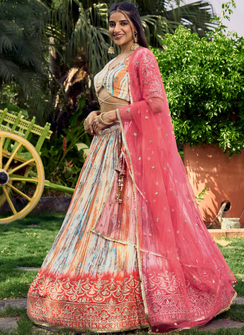 Digital Printed Chinon Silk White And Pink Wedding Wear Lehenga Choli