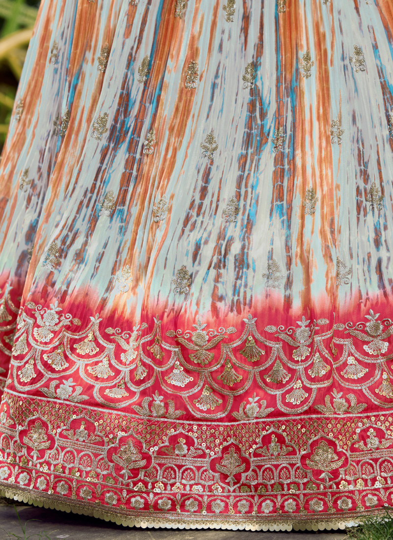 Digital Printed Chinon Silk White And Pink Wedding Wear Lehenga Choli