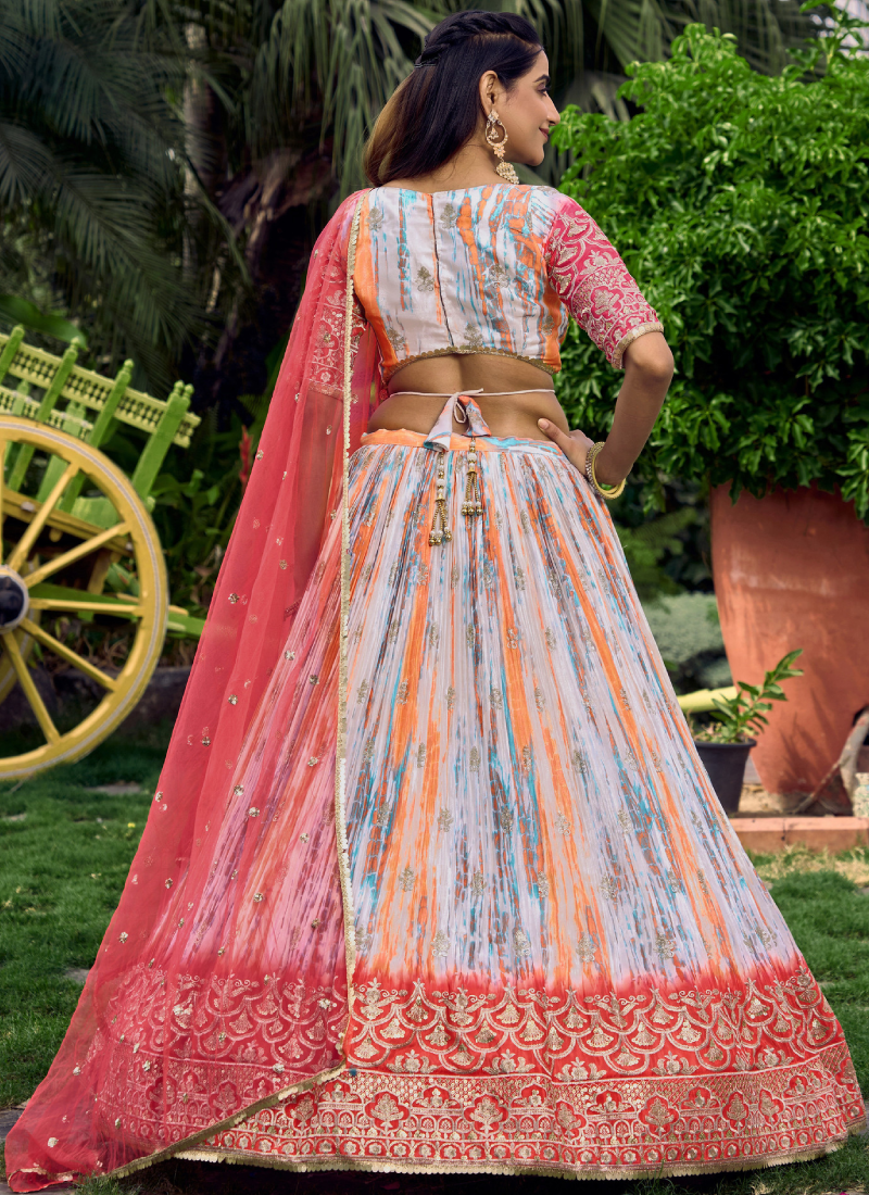 Digital Printed Chinon Silk White And Pink Wedding Wear Lehenga Choli