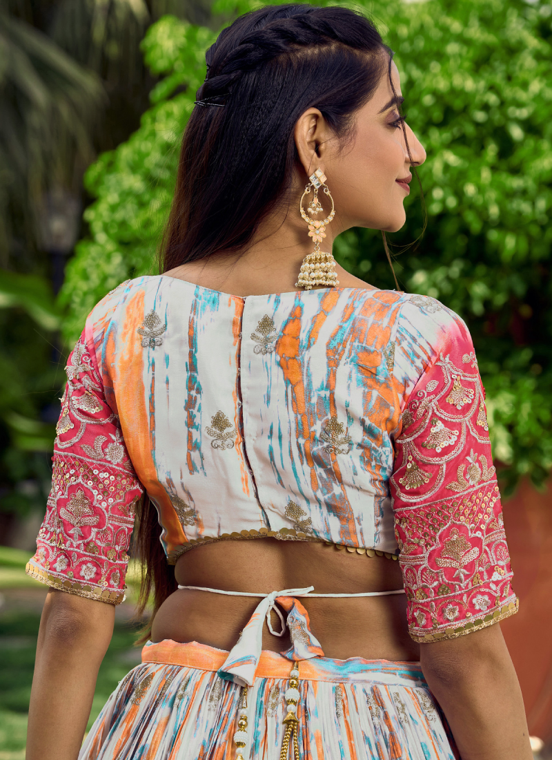 Digital Printed Chinon Silk White And Pink Wedding Wear Lehenga Choli