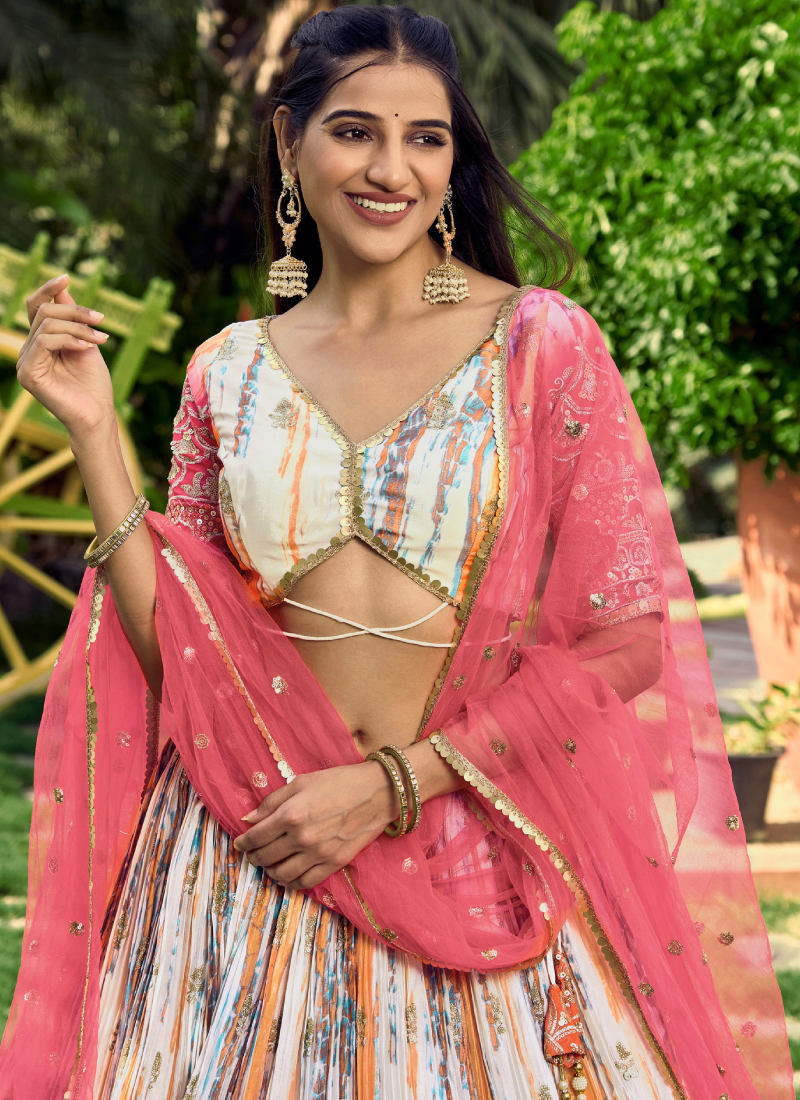 Digital Printed Chinon Silk White And Pink Wedding Wear Lehenga Choli