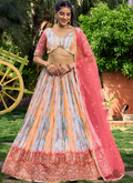 Digital Printed Chinon Silk White And Pink Wedding Wear Lehenga Choli