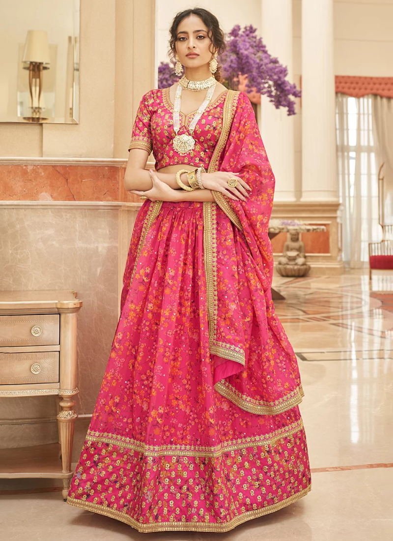 Digital Printed Pink Organza Zari Embroidered Lehenga Choli