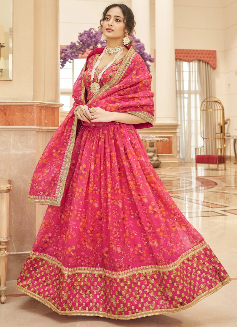 Digital Printed Pink Organza Zari Embroidered Lehenga Choli