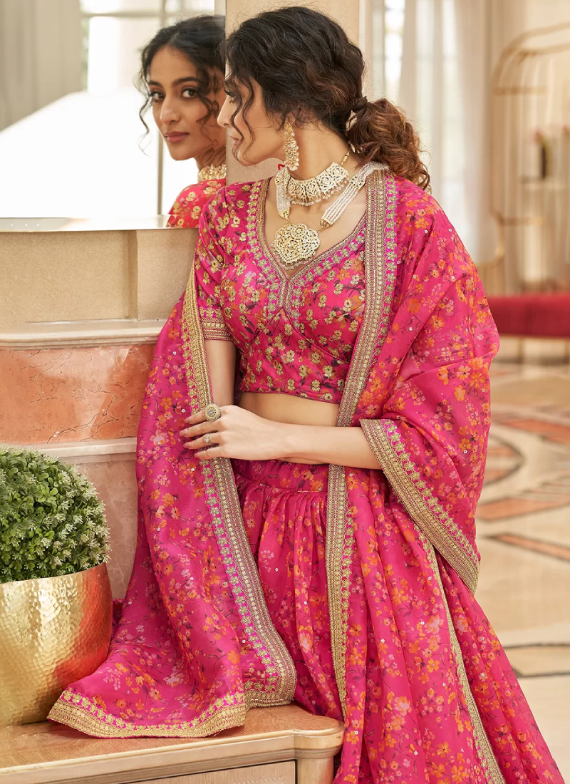 Digital Printed Pink Organza Zari Embroidered Lehenga Choli