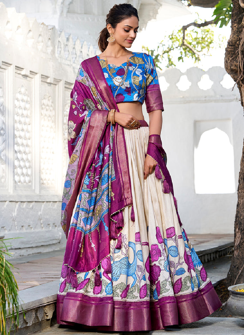 Dola Silk Kalamkari Printed Off White Lehenga Choli With Dupatta