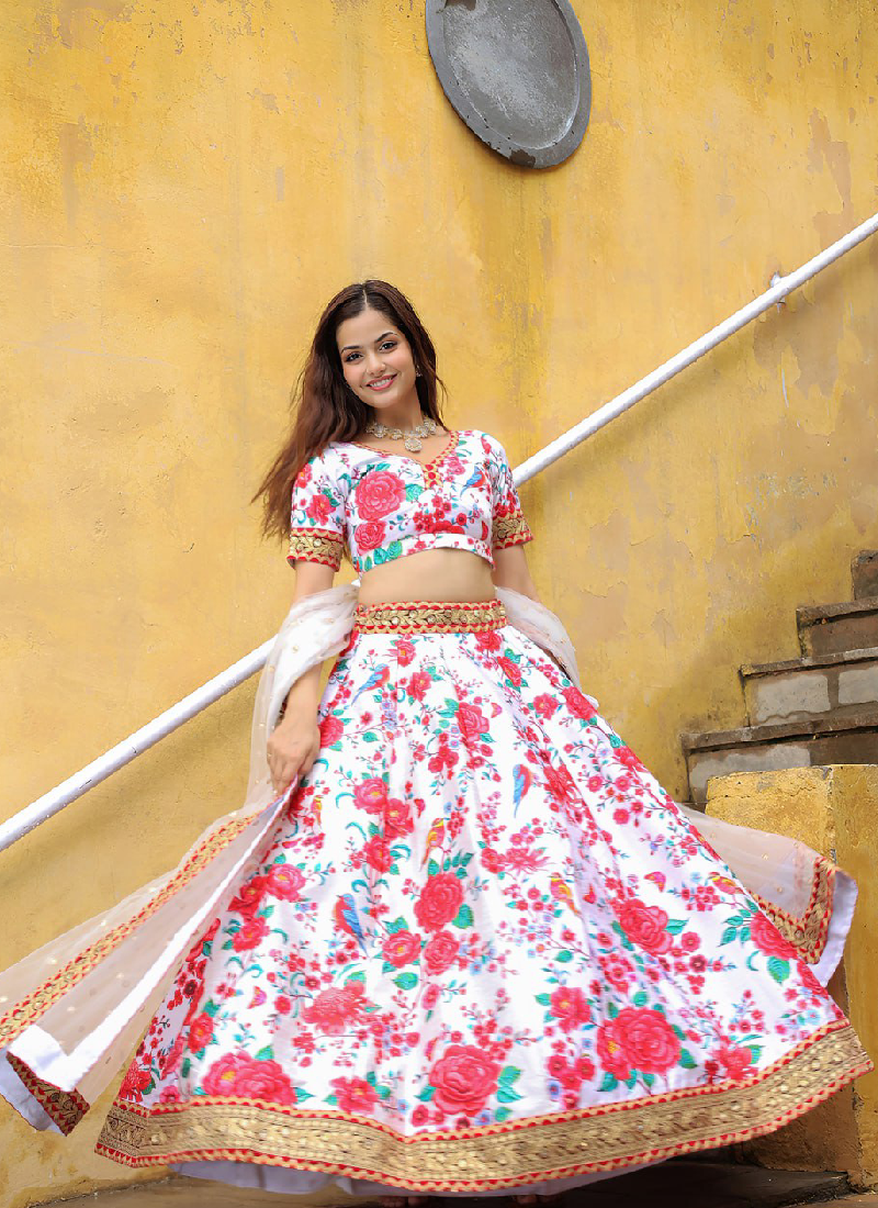 Dori Embroidered Digital Floral Printed Art Silk White Lehenga Choli