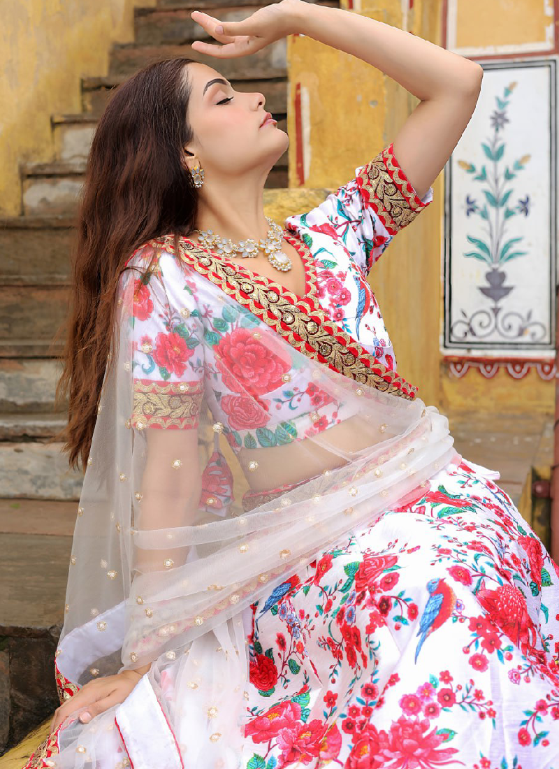 Dori Embroidered Digital Floral Printed Art Silk White Lehenga Choli