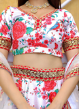 Dori Embroidered Digital Floral Printed Art Silk White Lehenga Choli