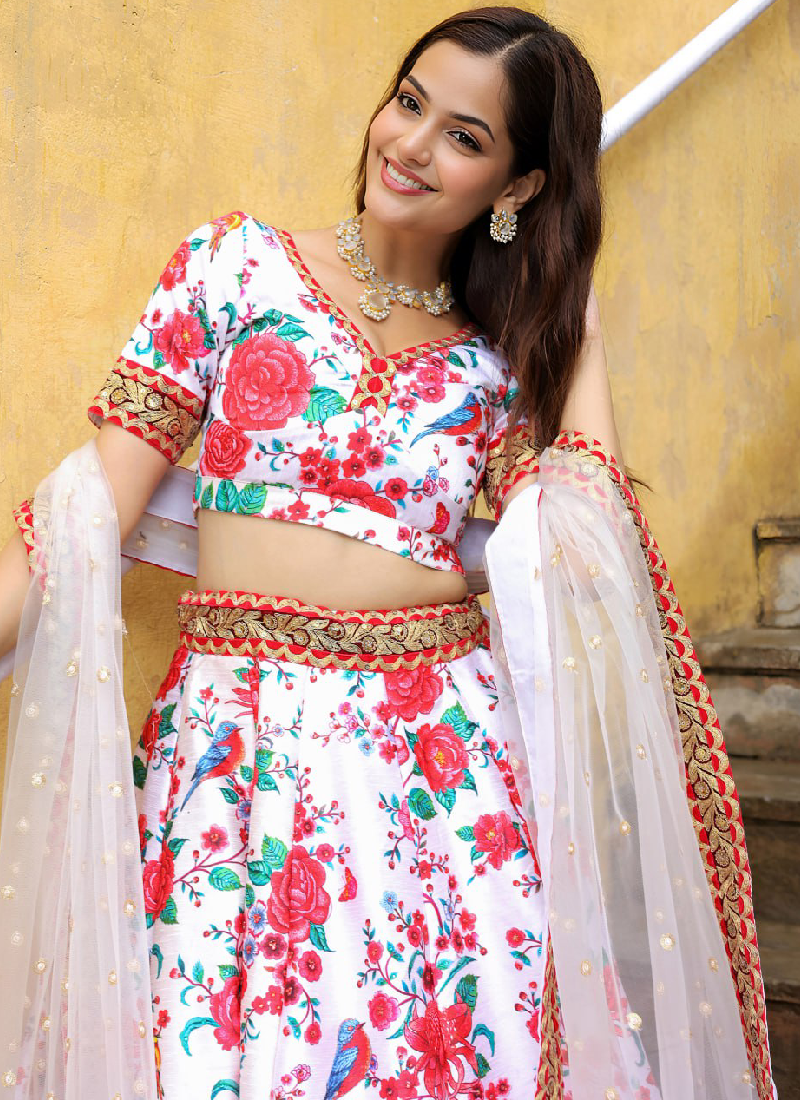 Dori Embroidered Digital Floral Printed Art Silk White Lehenga Choli