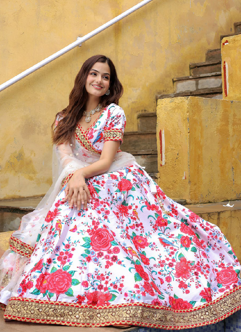 Dori Embroidered Digital Floral Printed Art Silk White Lehenga Choli