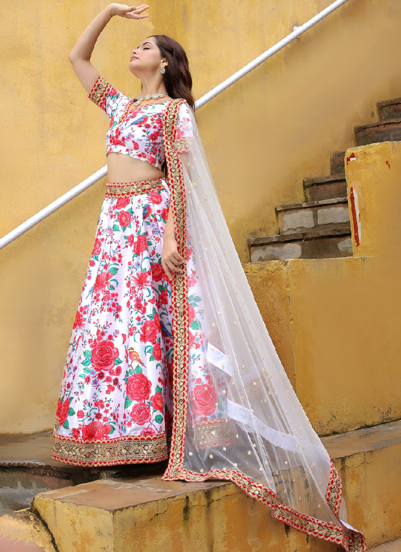 Dori Embroidered Digital Floral Printed Art Silk White Lehenga Choli