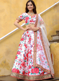 Dori Embroidered Digital Floral Printed Art Silk White Lehenga Choli