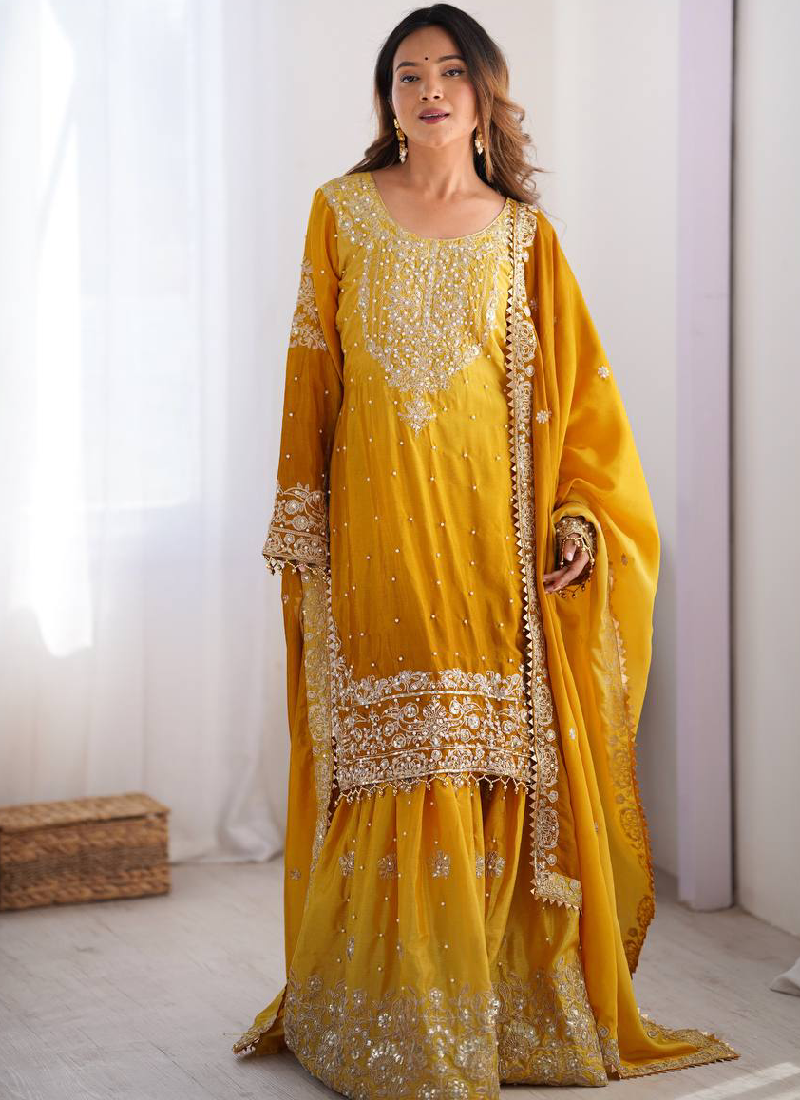Dori Embroidered Work Chinon Silk Haldi Special Yellow Salwar Kameez