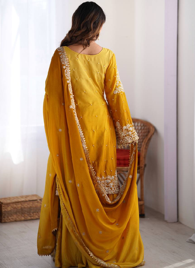 Dori Embroidered Work Chinon Silk Haldi Special Yellow Salwar Kameez