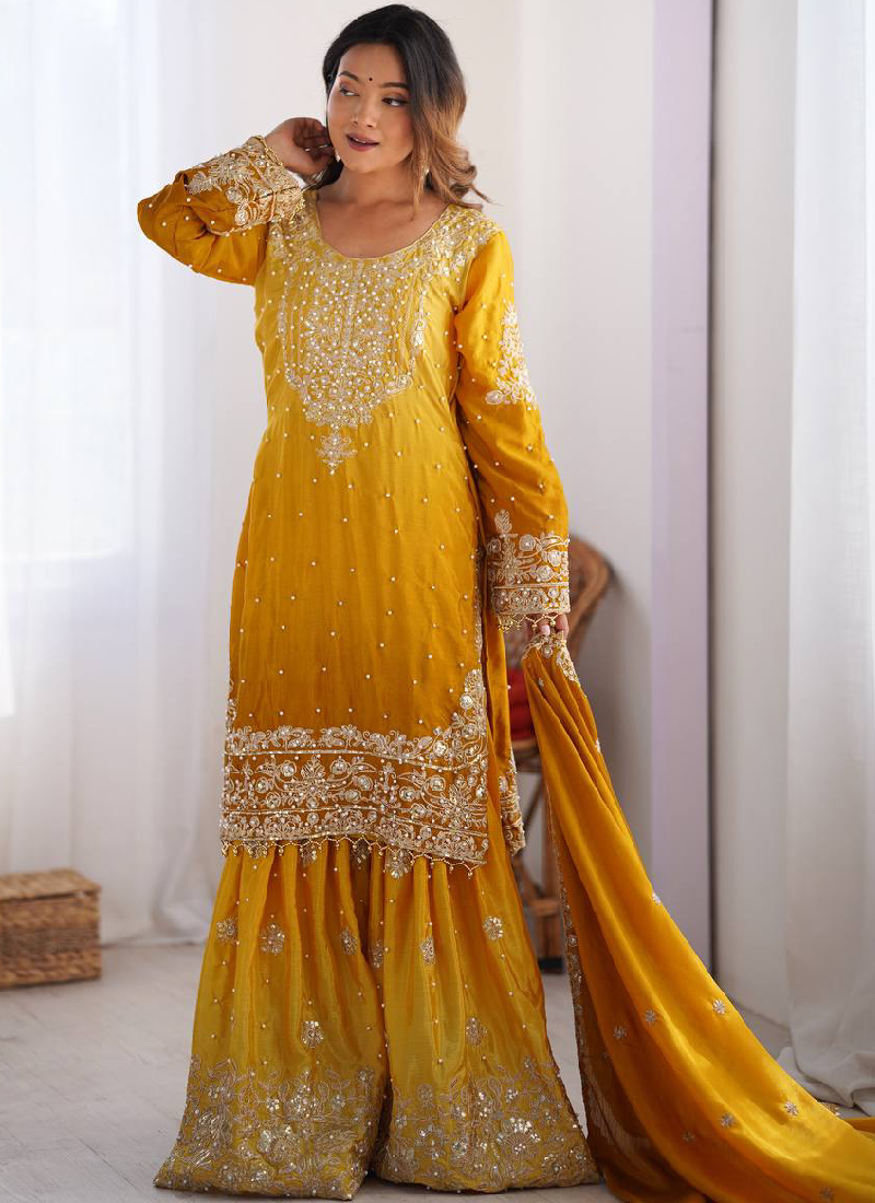 Dori Embroidered Work Chinon Silk Haldi Special Yellow Salwar Kameez