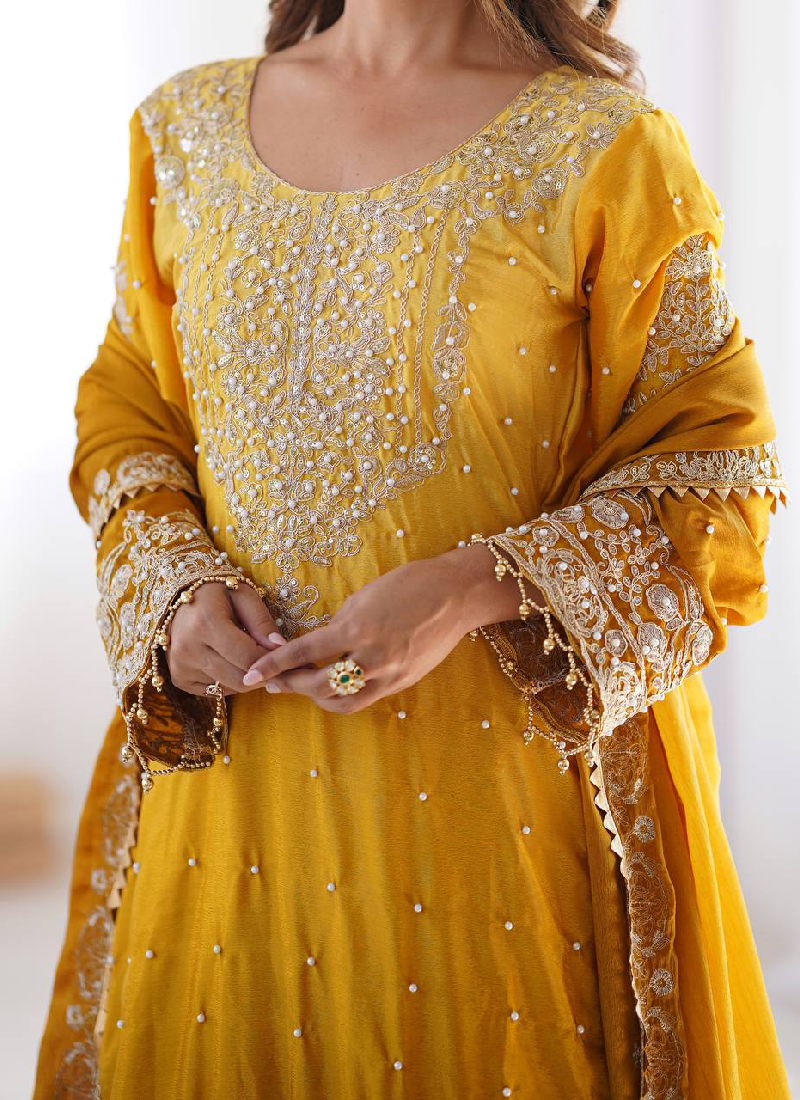 Dori Embroidered Work Chinon Silk Haldi Special Yellow Salwar Kameez