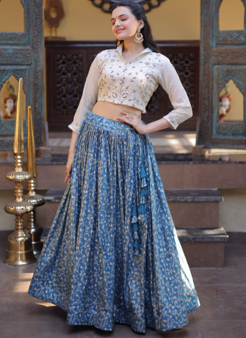 Dusty Blue Beads Embroidered Wedding Wear Jacquard Lehenga Choli
