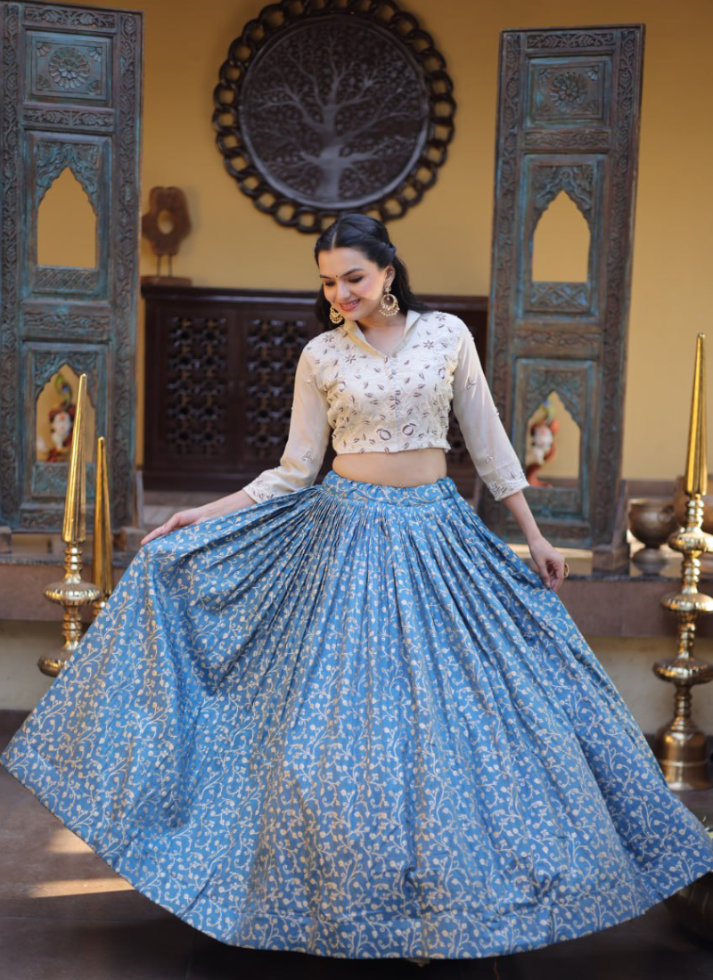 Dusty Blue Beads Embroidered Wedding Wear Jacquard Lehenga Choli