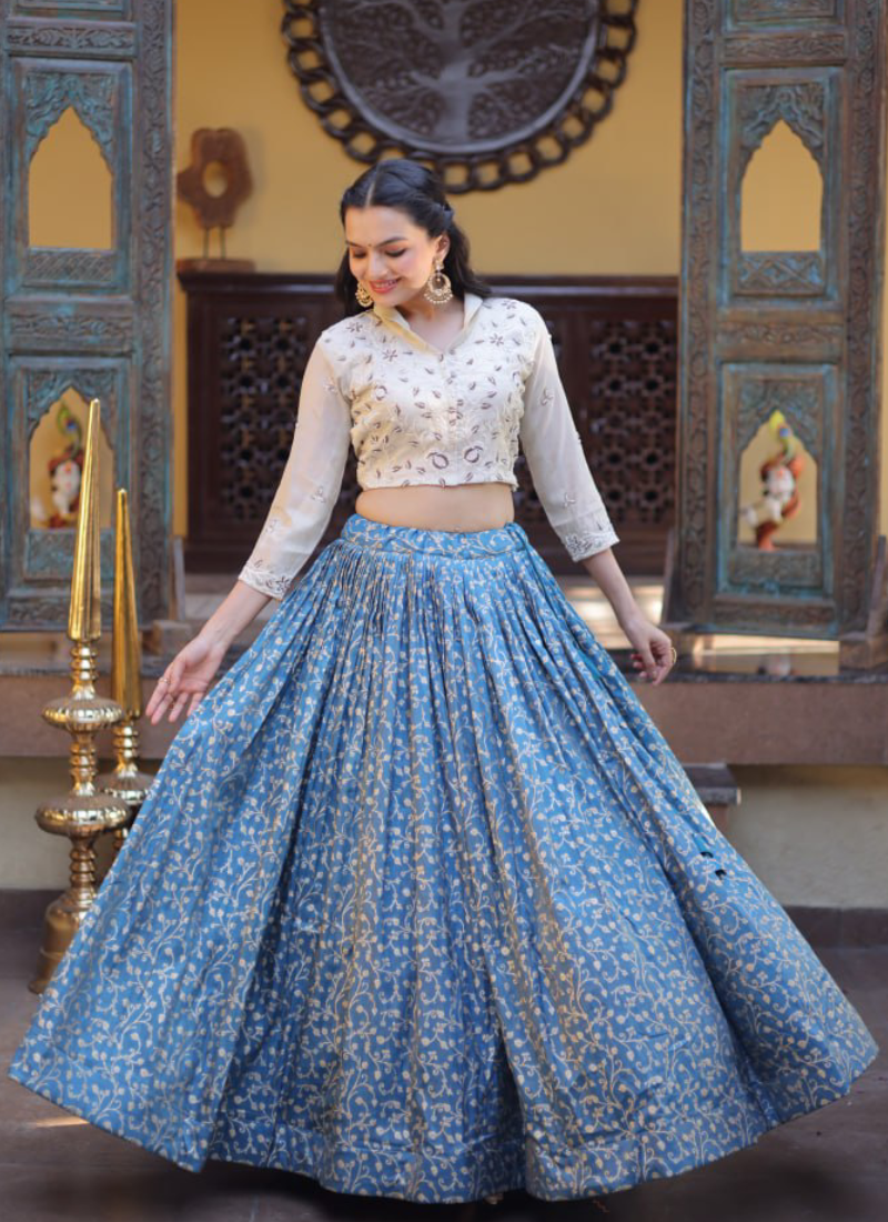 Dusty Blue Beads Embroidered Wedding Wear Jacquard Lehenga Choli
