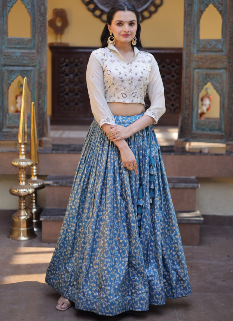 Dusty Blue Beads Embroidered Wedding Wear Jacquard Lehenga Choli